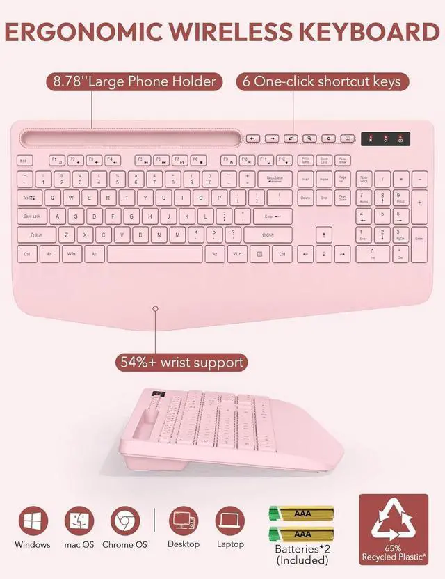 Alt view image 6 of 6 - Wireless Keyboard and Mouse, Wrist Rest, Phone Holder, Batteries Included, 2.4G Lag-Free Ergonomic Keyboards Mouse Combo, Silent Keyboard Cordless Set for Computer, Laptop, PC, Windows, Pink