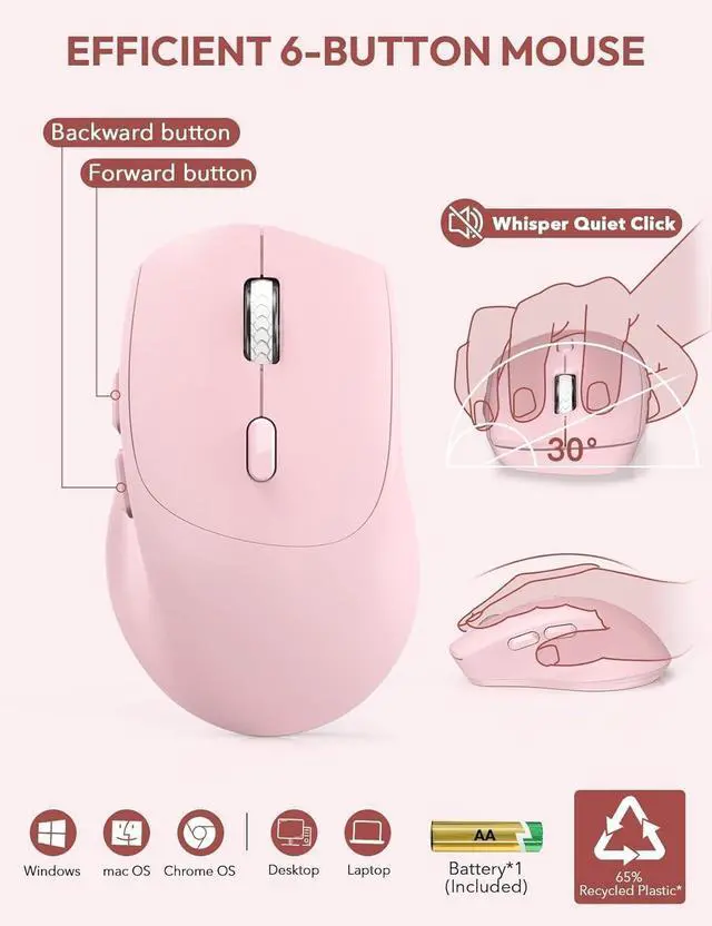 Alt view image 5 of 6 - Wireless Keyboard and Mouse, Wrist Rest, Phone Holder, Batteries Included, 2.4G Lag-Free Ergonomic Keyboards Mouse Combo, Silent Keyboard Cordless Set for Computer, Laptop, PC, Windows, Pink