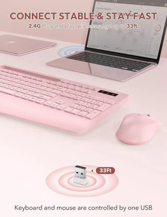 Alt view image 4 of 6 - Wireless Keyboard and Mouse, Wrist Rest, Phone Holder, Batteries Included, 2.4G Lag-Free Ergonomic Keyboards Mouse Combo, Silent Keyboard Cordless Set for Computer, Laptop, PC, Windows, Pink
