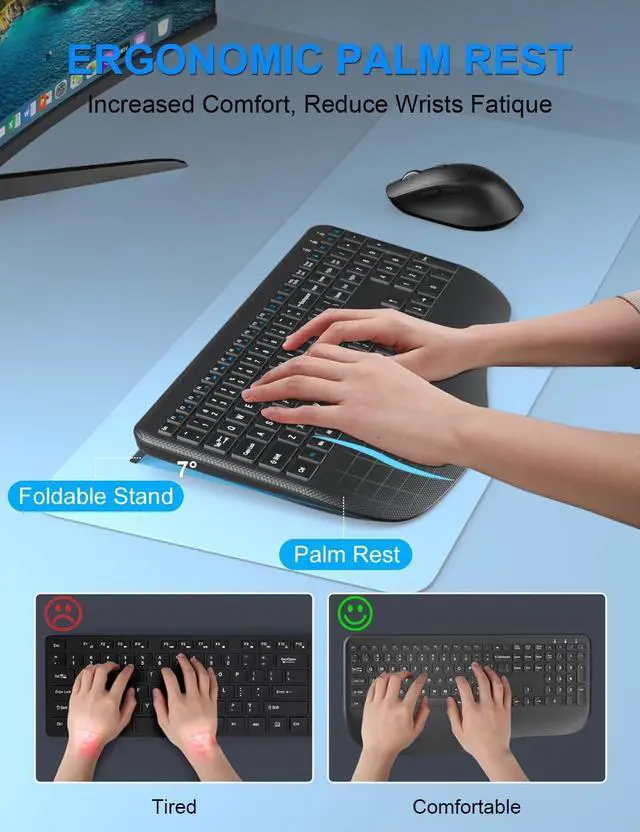 Alt view image 2 of 4 - Wireless Keyboard and Mouse Combo, 2.4G Full-Sized Ergonomic Computer Keyboard with Wrist Rest and 3 Level DPI Adjustable Wireless Mouse for Windows, Mac OS Desktop/Laptop/PC (Carbon Black)