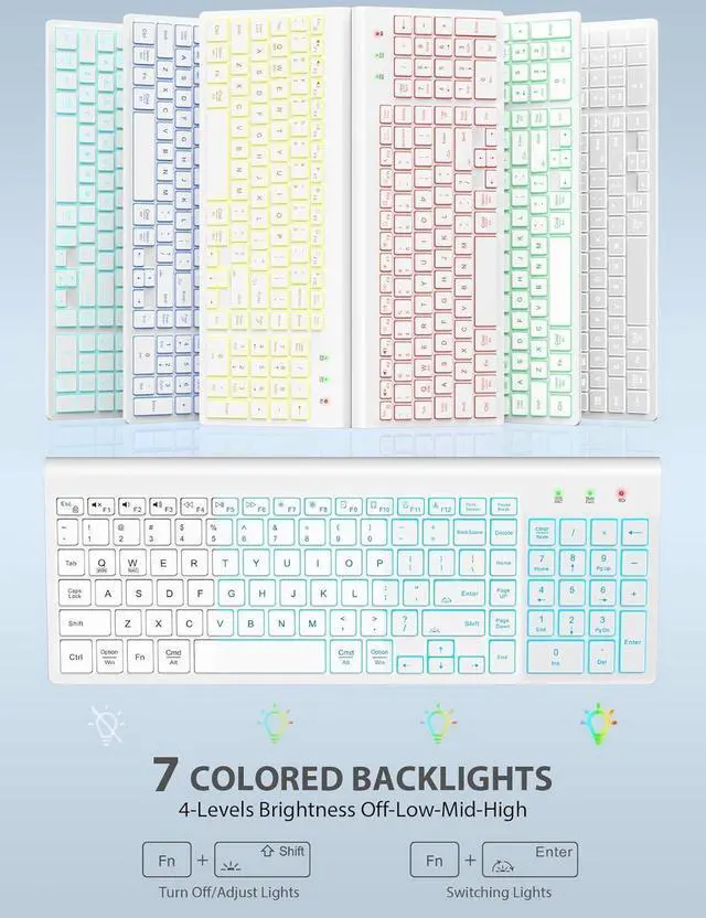 Alt view image 2 of 7 - Wireless Keyboard and Mouse Combo Backlit - Compact Quiet Keyboard with RGB Mouse, Rechargeable, Slim, Sleep Mode, Portable Cordless Keyboard Mouse Set for Mac, Windows, Laptop (Polar White)