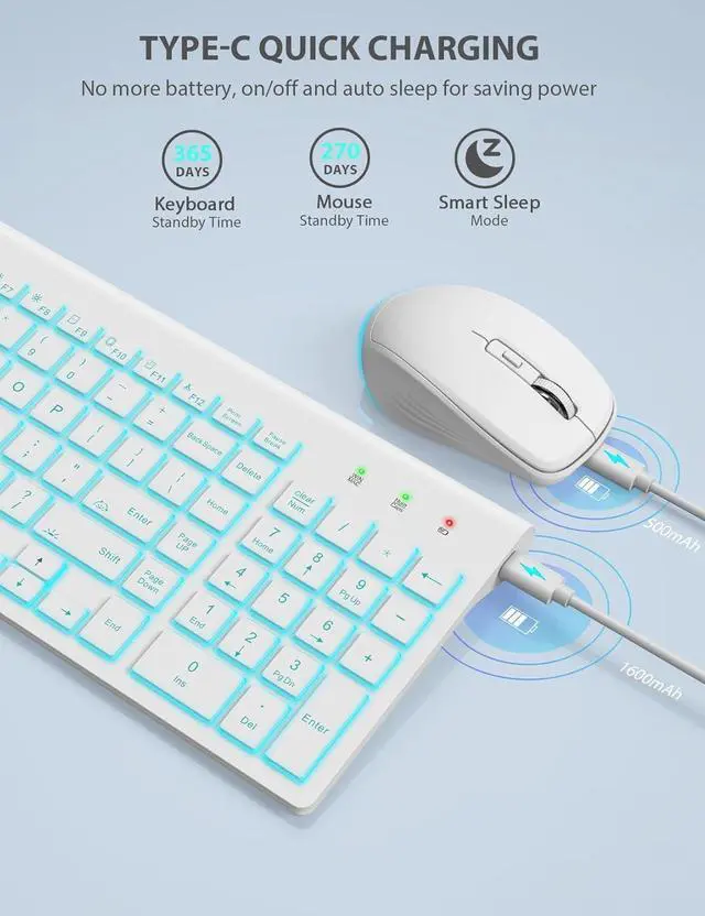 Alt view image 4 of 7 - Wireless Keyboard and Mouse Combo Backlit - Compact Quiet Keyboard with RGB Mouse, Rechargeable, Slim, Sleep Mode, Portable Cordless Keyboard Mouse Set for Mac, Windows, Laptop (Polar White)