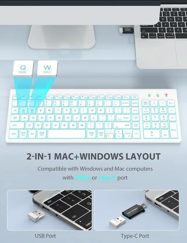 Alt view image 3 of 7 - Wireless Keyboard and Mouse Combo Backlit - Compact Quiet Keyboard with RGB Mouse, Rechargeable, Slim, Sleep Mode, Portable Cordless Keyboard Mouse Set for Mac, Windows, Laptop (Polar White)