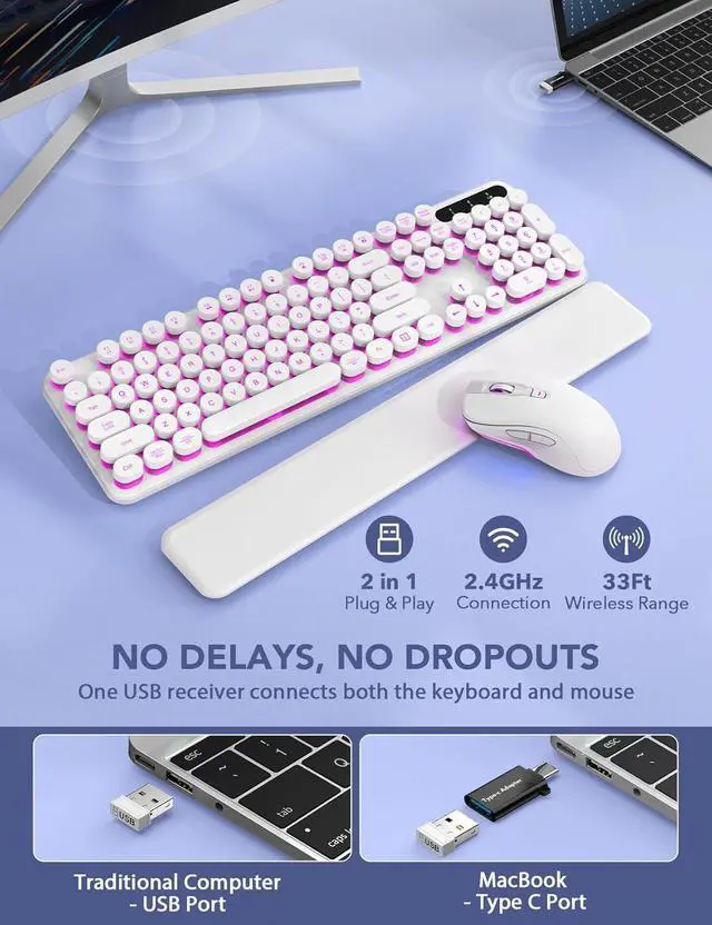 Alt view image 5 of 5 - Wireless Keyboard and Mouse Backlit - Typewriter Keyboard with Retro Round Keycaps, Detachable Wrist Rest, Light Up Letters, 2.4G Rechargeable Combo for Mac, Windows, PC, Laptop