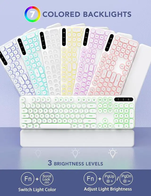 Alt view image 2 of 5 - Wireless Keyboard and Mouse Backlit - Typewriter Keyboard with Retro Round Keycaps, Detachable Wrist Rest, Light Up Letters, 2.4G Rechargeable Combo for Mac, Windows, PC, Laptop