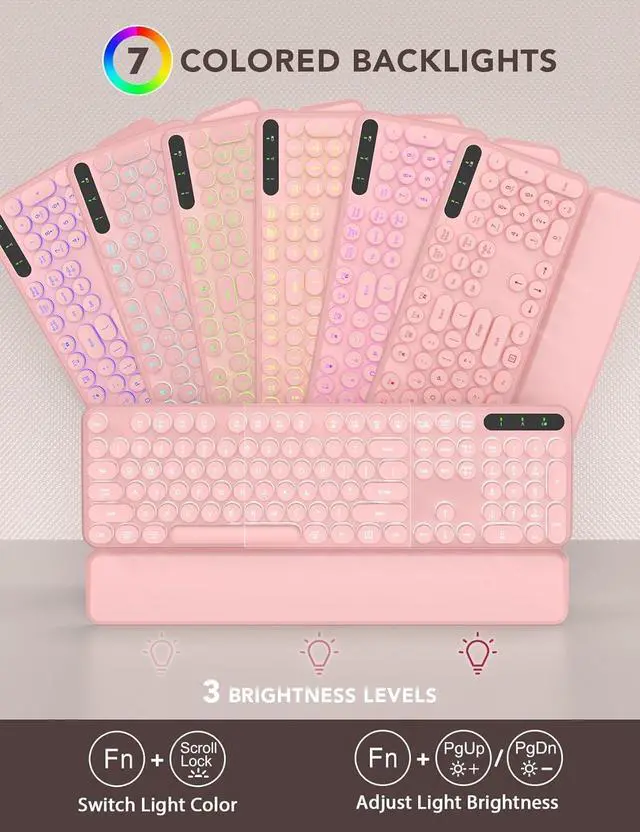 Alt view image 2 of 5 - Wireless Keyboard and Mouse Backlit - Typewriter Keyboard with Retro Round Keycaps, Detachable Wrist Rest, Light Up Letters, 2.4G Rechargeable Combo for Mac, Windows, PC, Laptop