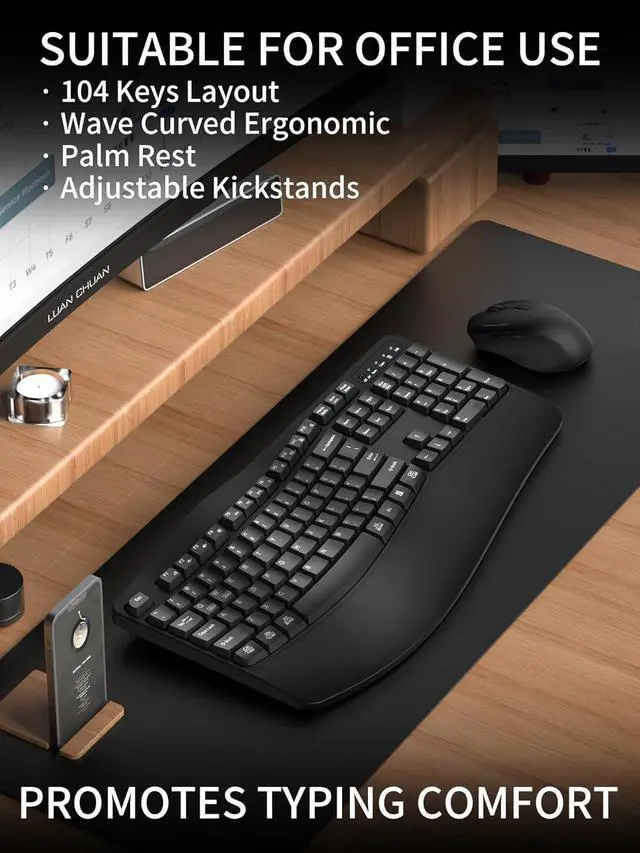 Alt view image 3 of 5 - Wireless Keyboard and Mouse Combo,2.4G Full Size Wave Keys Ergonomic Keyboard with Wrist Rest for Natural Typing, 3 DPI Adjustable Ergonomic Silent Mouse for Computer/Laptop/Windows/Mac (Black)