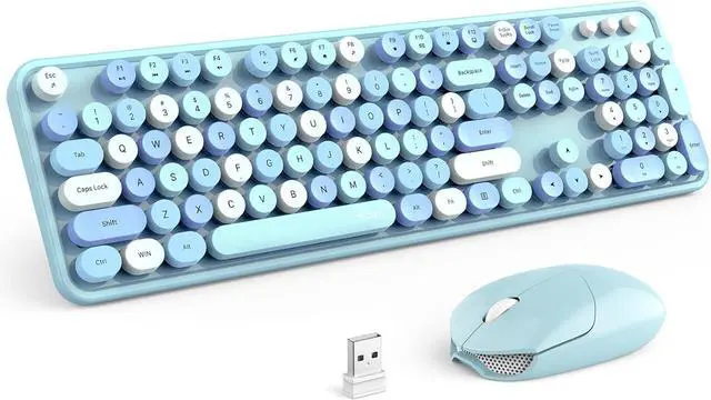 Main image of Wireless Keyboard and Mouse Combo, Retro Keyboard with Round Keycaps, 2.4GHz Dropout-Free Connection, Cute Wireless Mouse for PC/Laptop/Mac/Windows XP/7/8/10 (Blue-Colorful)