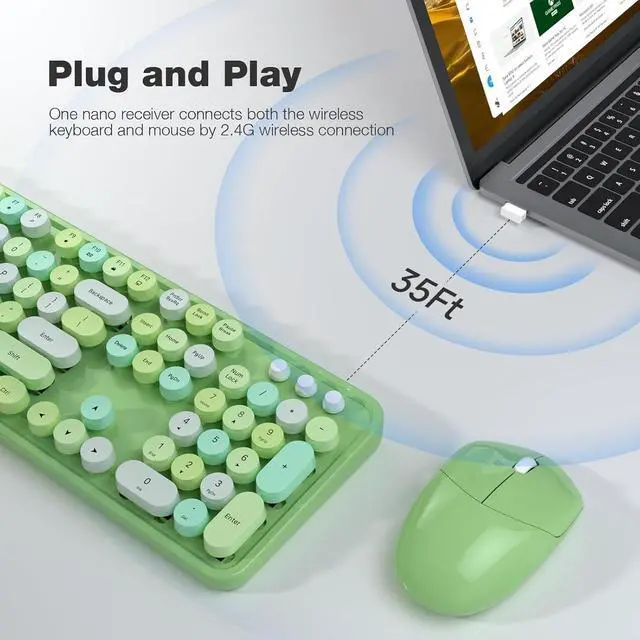Alt view image 2 of 5 - Wireless Keyboard and Mouse Combo, 2.4GHz Retro Full Size Typewriter Keyboard with Number Pad & Wireless Mouse for Laptop, PC, Desktop, Mac, Windows - Green Colorful