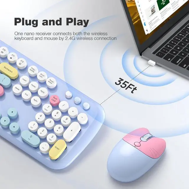 Alt view image 2 of 5 - Wireless Keyboard and Mouse Combo, 2.4G Retro Typewriter Keyboard with Number Pad and Cute Ambidextrous Wireless Mouse for Computer Laptop