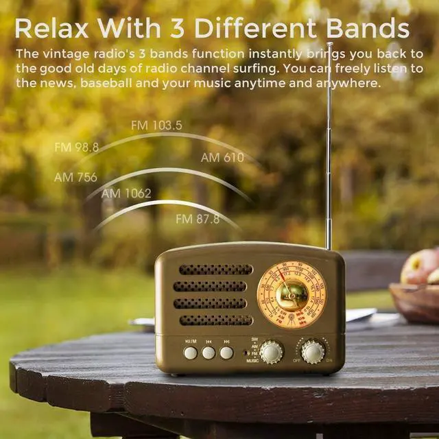 Alt view image 2 of 4 - J-160 Retro Vintage AM FM Radio with Bluetooth, USB/TF Card Playback, Small Transistor Radios Battery Operated, Rechargeable Radio(Gold)
