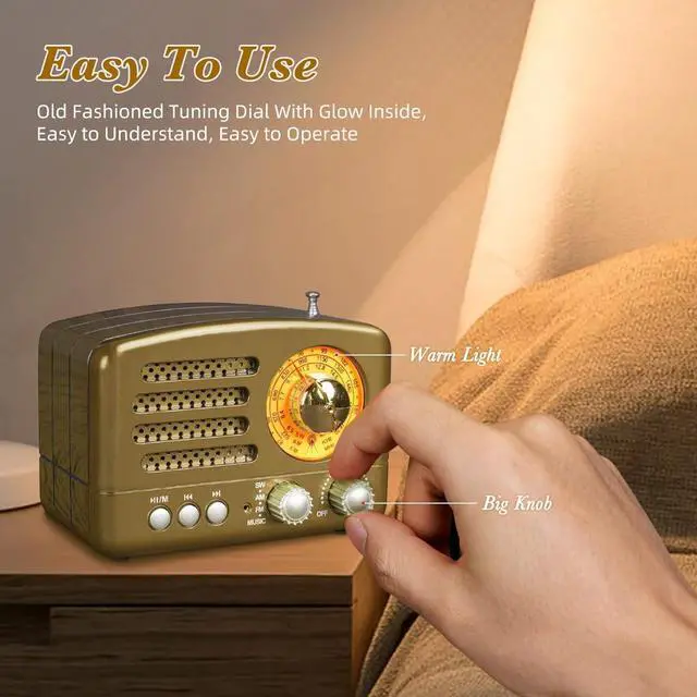 Alt view image 3 of 4 - J-160 Retro Vintage AM FM Radio with Bluetooth, USB/TF Card Playback, Small Transistor Radios Battery Operated, Rechargeable Radio(Gold)