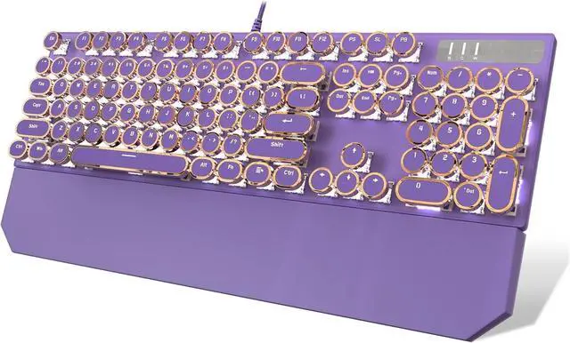 Main image of Typewriter Style Mechanical Gaming Keyboard, Purple Retro Punk Gaming Keyboard with White Backlit, 104 Keys Blue Switch Wired Cute Keyboards, Round Keycaps for Windows/Mac/PC