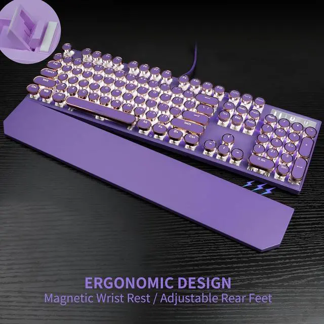 Alt view image 3 of 5 - Typewriter Style Mechanical Gaming Keyboard, Purple Retro Punk Gaming Keyboard with White Backlit, 104 Keys Blue Switch Wired Cute Keyboards, Round Keycaps for Windows/Mac/PC