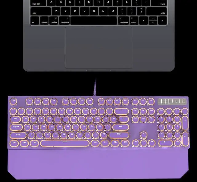 Alt view image 5 of 5 - Typewriter Style Mechanical Gaming Keyboard, Purple Retro Punk Gaming Keyboard with White Backlit, 104 Keys Blue Switch Wired Cute Keyboards, Round Keycaps for Windows/Mac/PC