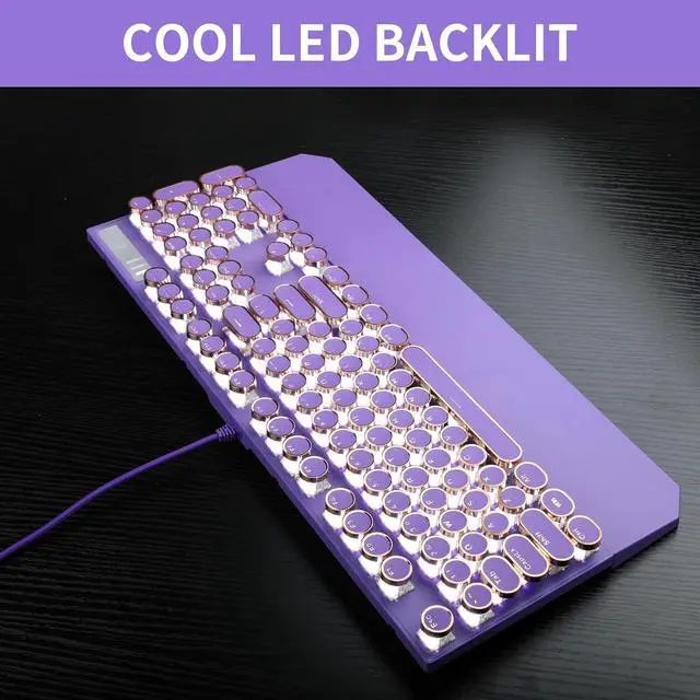 Alt view image 4 of 5 - Typewriter Style Mechanical Gaming Keyboard, Purple Retro Punk Gaming Keyboard with White Backlit, 104 Keys Blue Switch Wired Cute Keyboards, Round Keycaps for Windows/Mac/PC
