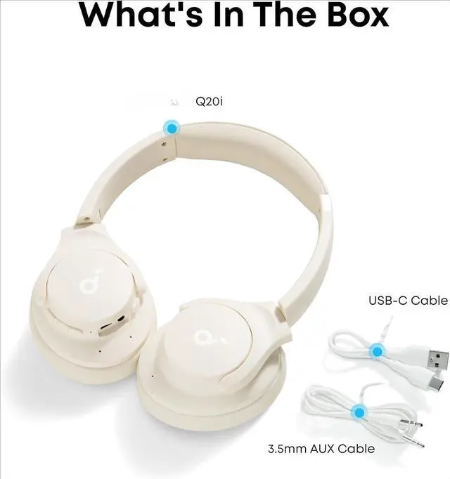 Alt view image 4 of 4 - Q20i Hybrid Active Noise Cancelling Headphones, Wireless Over-Ear Bluetooth, 40H Long ANC Playtime, Hi-Res Audio, Big Bass, Customize via an App, Transparency Mode (White)