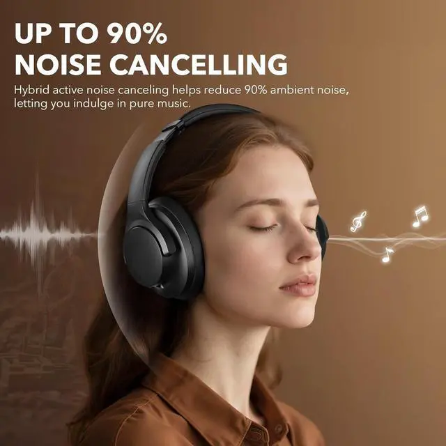 Alt view image 2 of 5 - Y8+ Noise Cancelling Headphones Bluetooth, Wireless LDAC Hi-Res Audio, Custom EQ via App, 75H Playtime, Comfort Fit, Over Ear Headphones Foldable for Airplane Travel Home Office Black