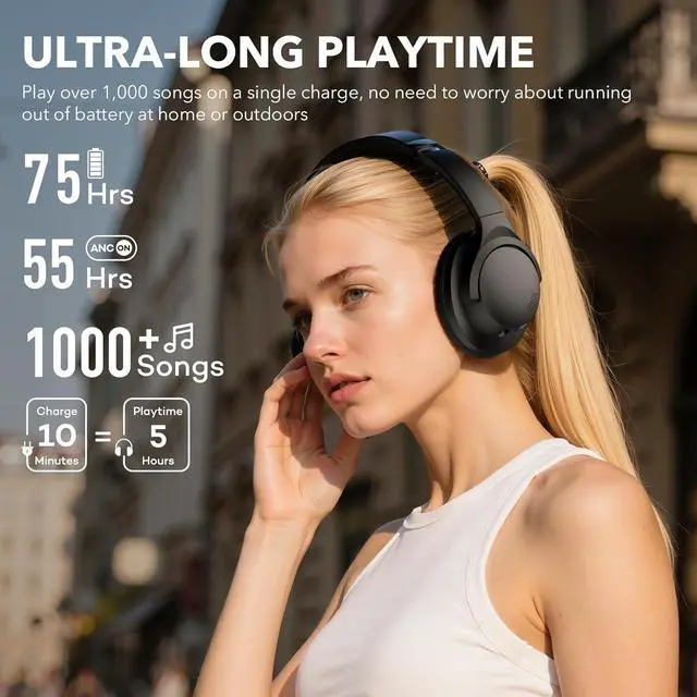 Alt view image 3 of 5 - Y8+ Noise Cancelling Headphones Bluetooth, Wireless LDAC Hi-Res Audio, Custom EQ via App, 75H Playtime, Comfort Fit, Over Ear Headphones Foldable for Airplane Travel Home Office Black