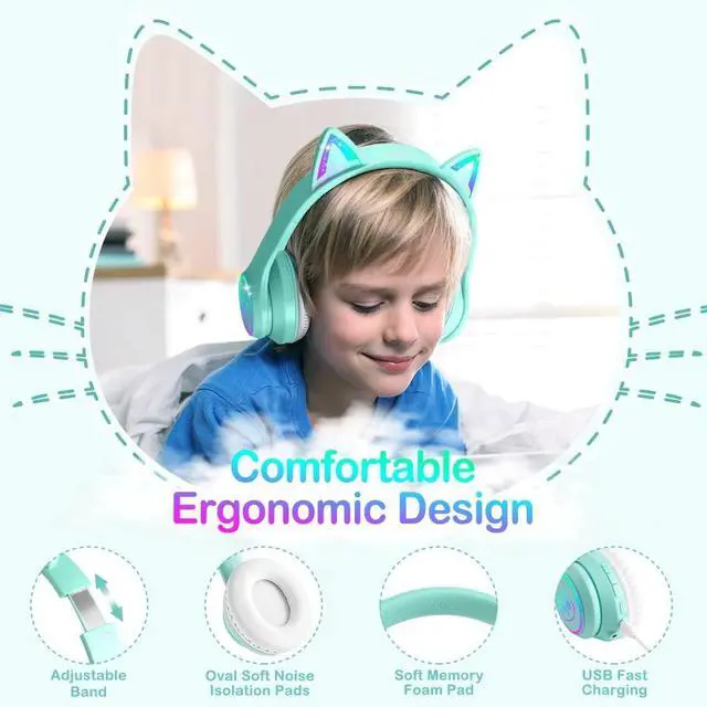 Alt view image 2 of 5 - Bluetooth 5.4 Kids Headphones with Case - RGB LED Light Up Cat Ears Foldable Adjustable Over Ear Headphone Support Wireless or 3.5mm Wired Mode for Toddler & Girls & Boys Teens