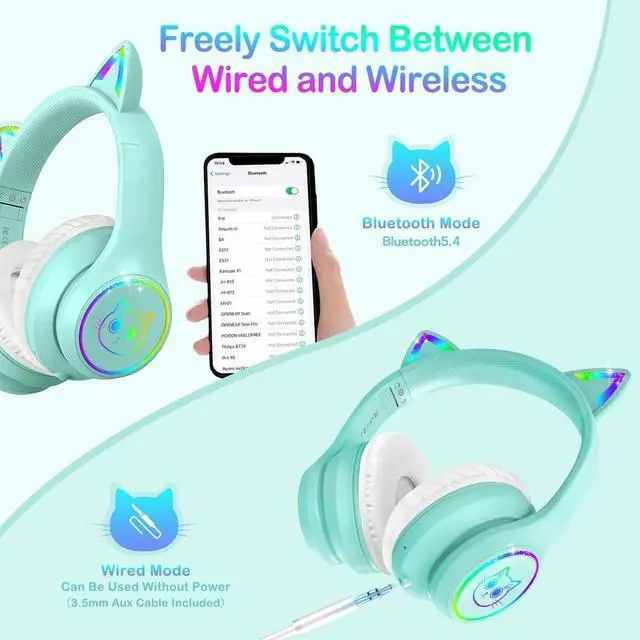 Alt view image 3 of 5 - Bluetooth 5.4 Kids Headphones with Case - RGB LED Light Up Cat Ears Foldable Adjustable Over Ear Headphone Support Wireless or 3.5mm Wired Mode for Toddler & Girls & Boys Teens