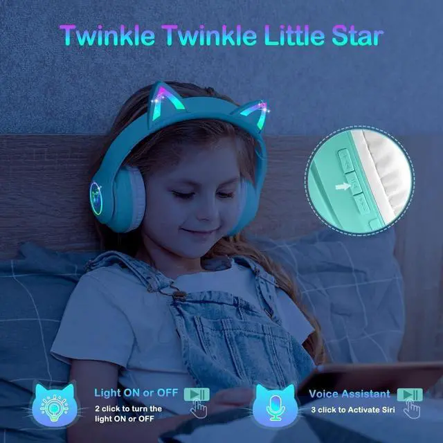 Alt view image 4 of 5 - Bluetooth 5.4 Kids Headphones with Case - RGB LED Light Up Cat Ears Foldable Adjustable Over Ear Headphone Support Wireless or 3.5mm Wired Mode for Toddler & Girls & Boys Teens