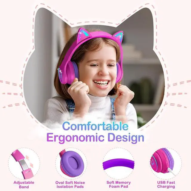Alt view image 2 of 5 - Bluetooth 5.4 Kids Headphones with Case - RGB LED Light Up Cat Ears Foldable Adjustable Over Ear Headphone Support Wireless or 3.5mm Wired Mode for Toddler & Girls & Boys Teens