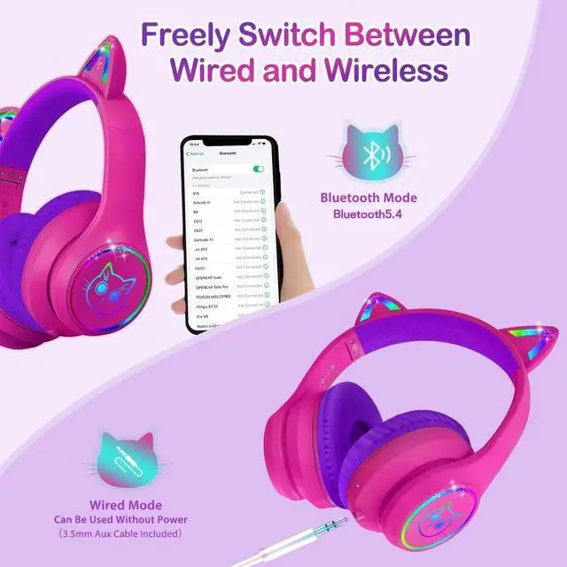 Alt view image 3 of 5 - Bluetooth 5.4 Kids Headphones with Case - RGB LED Light Up Cat Ears Foldable Adjustable Over Ear Headphone Support Wireless or 3.5mm Wired Mode for Toddler & Girls & Boys Teens