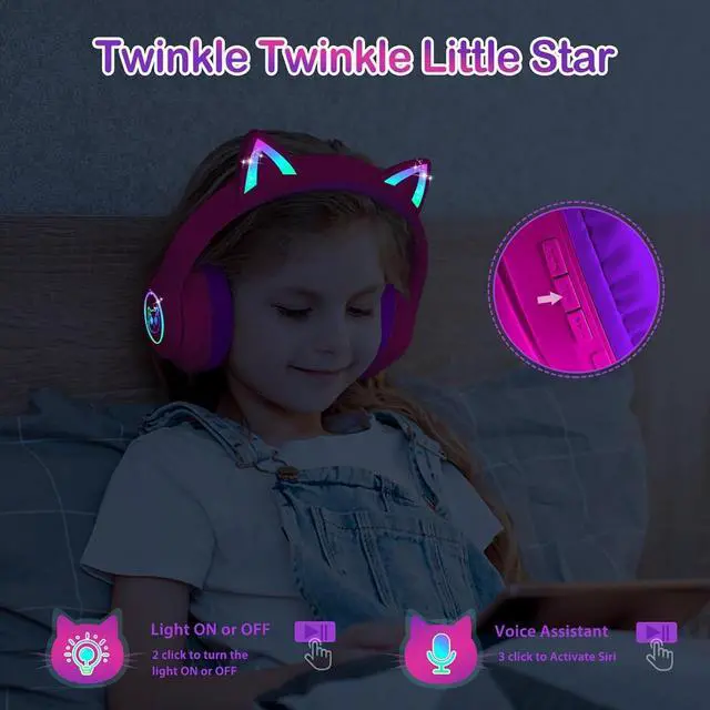 Alt view image 4 of 5 - Bluetooth 5.4 Kids Headphones with Case - RGB LED Light Up Cat Ears Foldable Adjustable Over Ear Headphone Support Wireless or 3.5mm Wired Mode for Toddler & Girls & Boys Teens