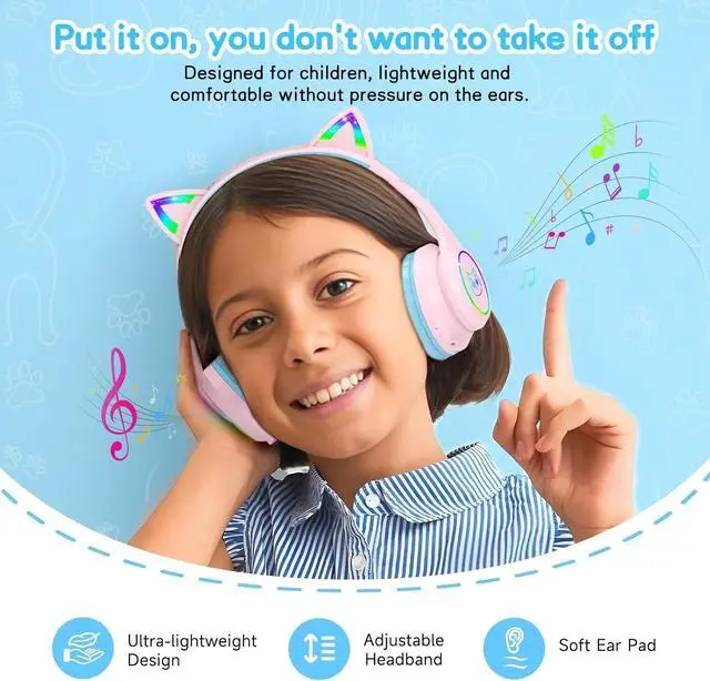 Alt view image 4 of 5 - Bluetooth Headphones,Over Ear Kids Headphones Wireless with Mic 50H Playtime Colorful LED Lights AUX Cord 94dB Safe Volume Limited Foldable Design for Boy Girl Travel/School/iPad