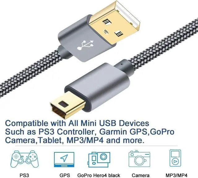 Alt view image 5 of 5 - Mini USB Cable Braided 6ft, Type A Male to Mini-B Cable Charging Cord for Garmin Nuvi,PS3 Controller Charger,MINI USB 2.0 Power Data Wire for GoPro Hero 3 4,Canon Camera,Dash Cam,MP3 Player