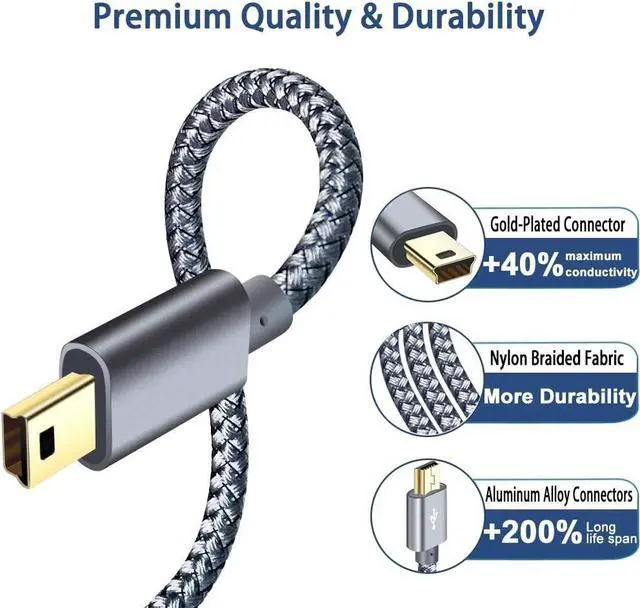 Alt view image 3 of 5 - Mini USB Cable Braided 6ft, Type A Male to Mini-B Cable Charging Cord for Garmin Nuvi,PS3 Controller Charger,MINI USB 2.0 Power Data Wire for GoPro Hero 3 4,Canon Camera,Dash Cam,MP3 Player