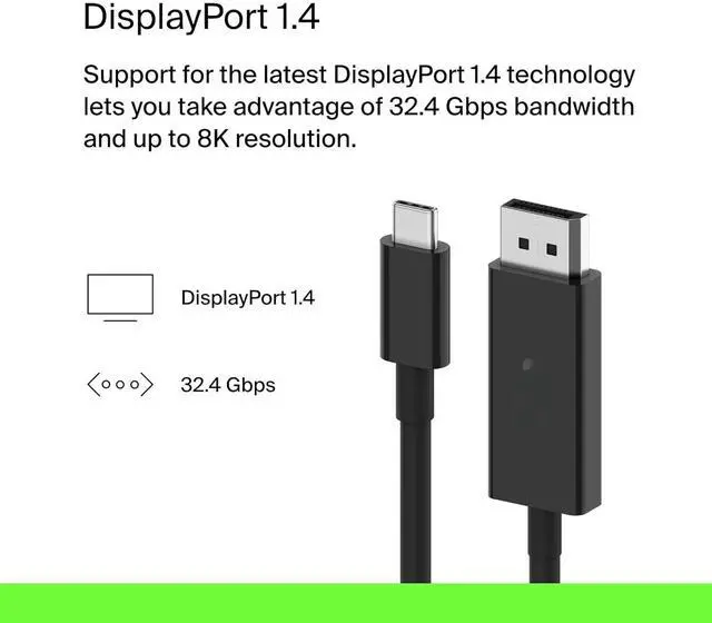 Alt view image 2 of 4 - FOR-USB Type C to DisplayPort 1.4 Cable 6.6ft/2m, 32.4Gbps, 8K@60Hz or 4K@144HZ, with HBR3, DSC, HDCP 2.2, DP Alt Mode, Backwards Compatible, Works with Windows, MacOS, iPadOS, Android, and More