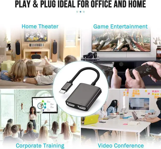 Alt view image 3 of 3 - USB C to Dual HDMI Adapter, Dual Monitor Adapter Converter Supports 4K@60Hz and Dual 4K@30Hz, for MacBook HP Dell Surface Thinkpad Type C Laptops, [macOS only Support SST Mode]