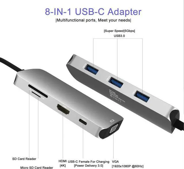 Alt view image 2 of 4 - USB C Hub Multiport USB C Adapter for MacBook Pro 2023 2022 2021 2020,USB C Hub USB C to HDMI VGA SD TF Card Reader 3USB 3.0 and USB C Power Pass-Through Port