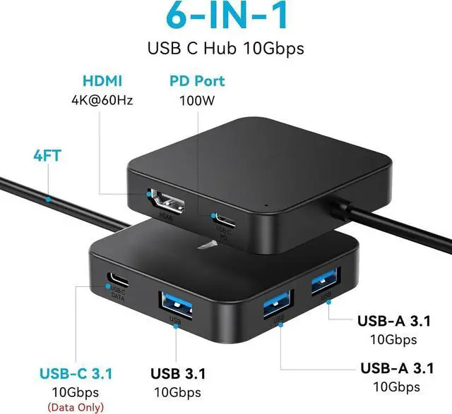 Alt view image 2 of 4 - USB C Hub Long Cable 4FT 10Gbps, Multiport Adapter with 4K 60Hz HDMI, 100W Power Delivery, 3 USB A3.1+1 USB-C 3.1 Data Port, USB c to HDMI Adapter