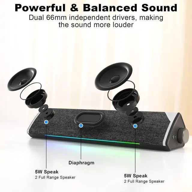 Alt view image 2 of 4 - R60 Bluetooth Computer Speakers, USB Plug-N-Play PC Speakers with LED Dynamic Light, Surround Sound Soundbar Speaker with Rotary Switch for Desktop Laptop (USB-C to USB Adapter Included)
