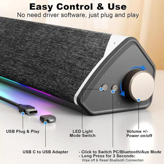 Alt view image 3 of 4 - R60 Bluetooth Computer Speakers, USB Plug-N-Play PC Speakers with LED Dynamic Light, Surround Sound Soundbar Speaker with Rotary Switch for Desktop Laptop (USB-C to USB Adapter Included)
