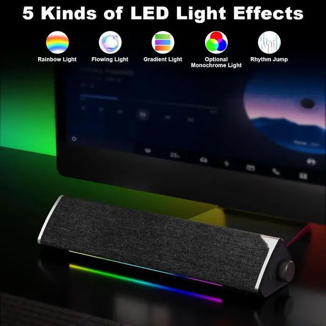 Alt view image 4 of 4 - R60 Bluetooth Computer Speakers, USB Plug-N-Play PC Speakers with LED Dynamic Light, Surround Sound Soundbar Speaker with Rotary Switch for Desktop Laptop (USB-C to USB Adapter Included)