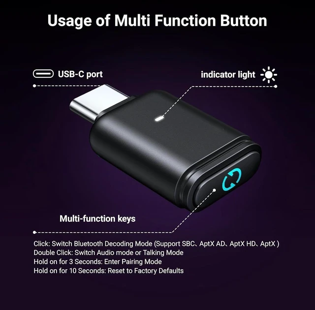 Alt view image 4 of 4 - USB-C Bluetooth Adapter for PS5, Bluetooth 5.3 Audio Adapter with APTX Low Latency & aptX-Adaptive, Wireless Audio Transmitter to Connect Wireless Headphones & Earbuds