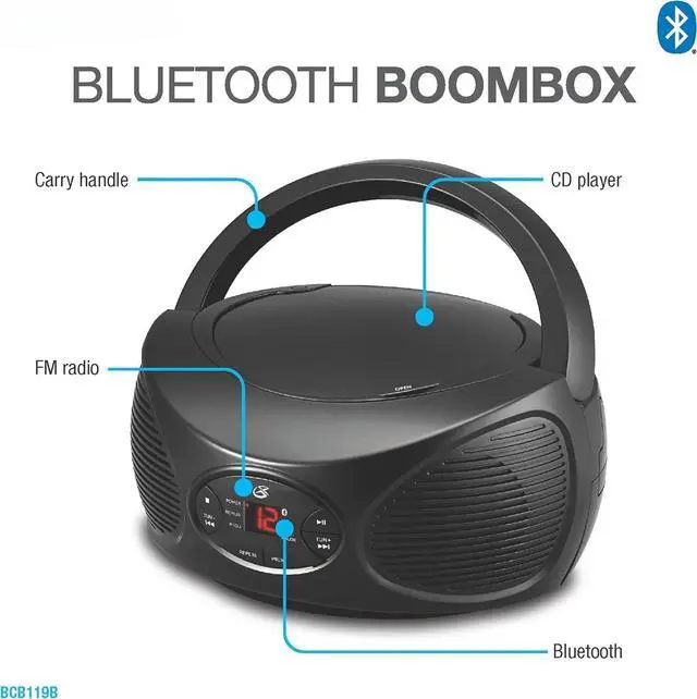 Alt view image 5 of 5 - Portable Bluetooth FM Radio Boombox and CD Player, Black (BCB119B)
