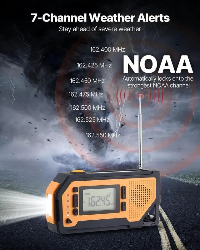 Alt view image 2 of 5 - Emergency Weather Radio, 2000mAh Battery, FM/AM/WB/NOAA Alert Solar Hand Crank Emergency Radio, with USB Charging Cable, SOS Alarm and Flashlight, Portable for Outdoor Emergencies, Camping