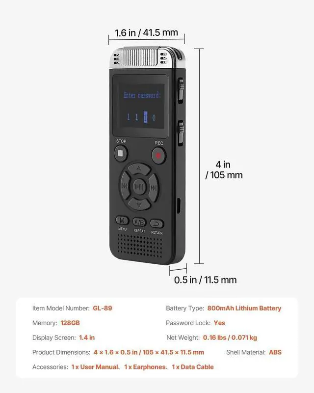Alt view image 3 of 4 - forDigital Voice Recorder, 128GB, Voice Activated Recorder with Playback, Audio Recording Device with Password USB, 8730 Hours of Storage 40 Hours of Continuous Recording, for Lectures, Meetings