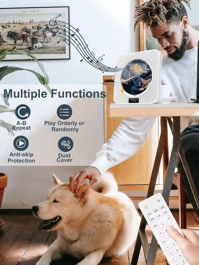 Alt view image 4 of 5 - Desktop CD Player Portable with Bluetooth - CD Players for Home with HiFi Speakers, FM Radio, Remote Control, LED Screen Display, Support CD/Bluetooth/USB/AUX, White CD Player for Gift