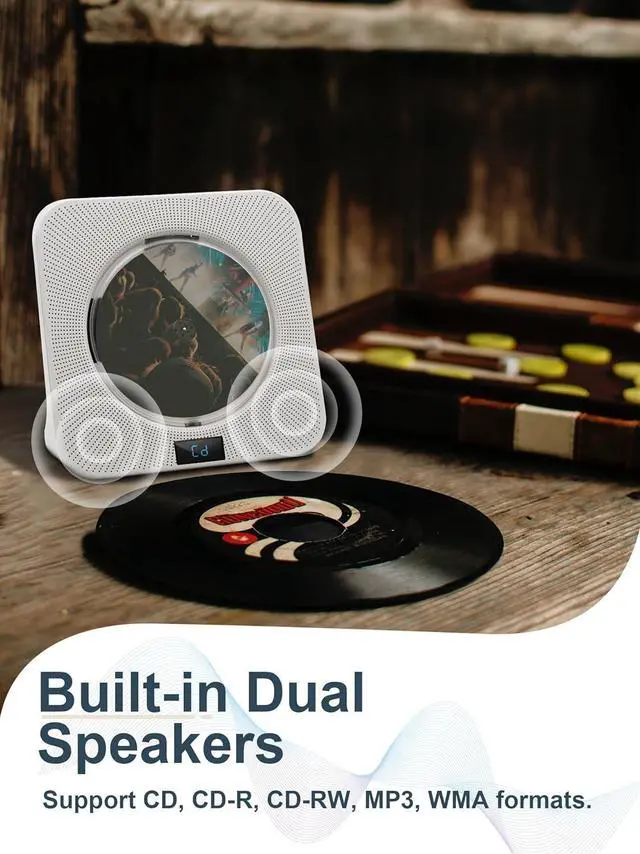 Alt view image 5 of 5 - Desktop CD Player Portable with Bluetooth - CD Players for Home with HiFi Speakers, FM Radio, Remote Control, LED Screen Display, Support CD/Bluetooth/USB/AUX, White CD Player for Gift