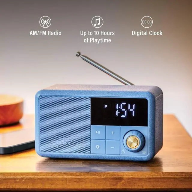 Alt view image 2 of 4 - CR1121A-EB Cooper Retro AM/FM Radio, Portable Bluetooth Speaker with Aux Input and LED Display, Elemental Blue