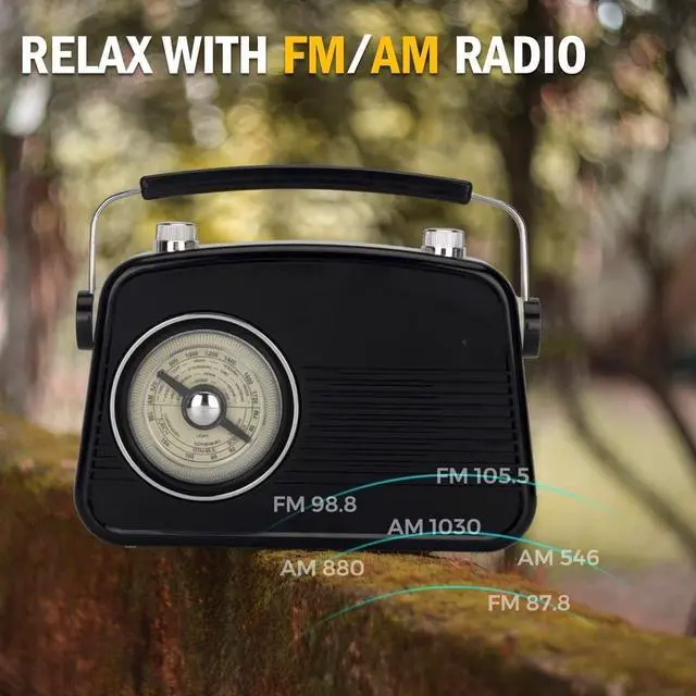 Alt view image 2 of 4 - Black AM FM Radio - Small Portable Radios Vintage/Retro with Headphone Jack, Large Analog Rotary Tuning Dial - Power Plug or 4 x 1.5V AA Battery