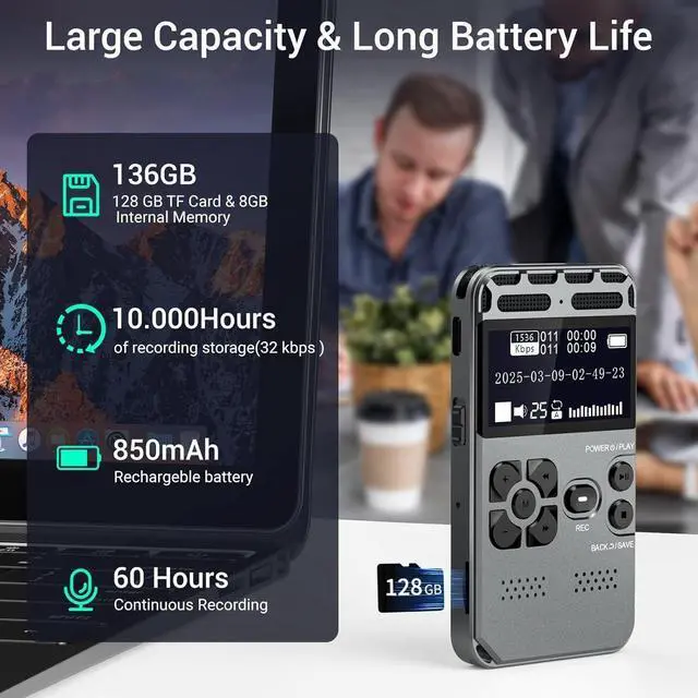 Alt view image 2 of 5 - FOR-136GB Digital Voice Recorder with Playback, 1536Kbps Dual Microphone Stereo Audio Activated Recorder, Ultra-Slim Mini Recording Device with Noise Reduction for Lectures, Interviews, Meetings