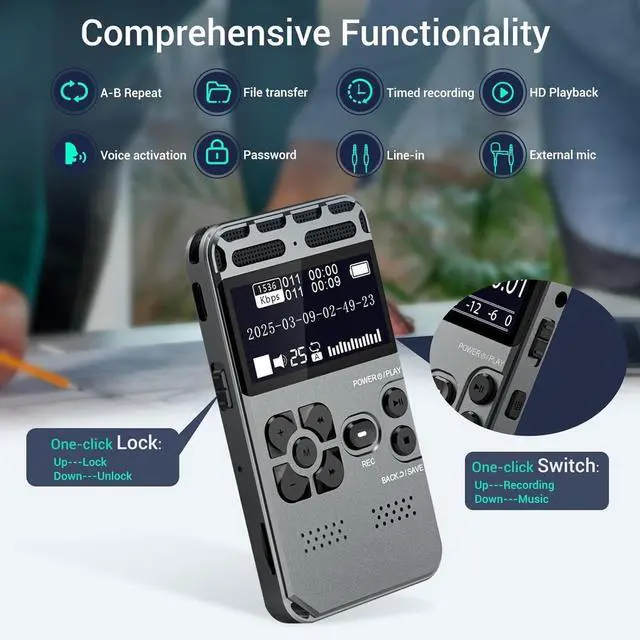 Alt view image 5 of 5 - FOR-136GB Digital Voice Recorder with Playback, 1536Kbps Dual Microphone Stereo Audio Activated Recorder, Ultra-Slim Mini Recording Device with Noise Reduction for Lectures, Interviews, Meetings