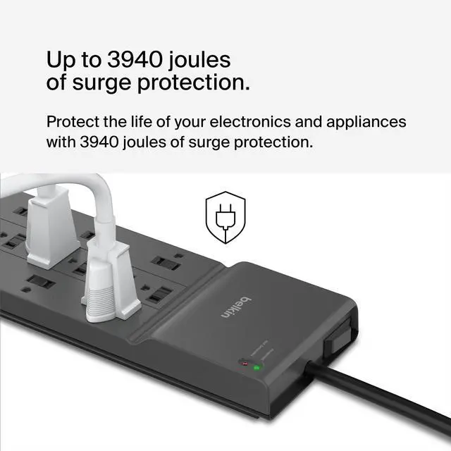 Alt view image 3 of 7 - Belkin 12-Outlet Surge Protector Power Strip w/ 12 AC Outlets & 8ft Flat Plug, UL-listed Heavy-Duty Extension Cord for Home, Office, Travel, Computer, Laptop, Charger - 3,940 Joules of Protection